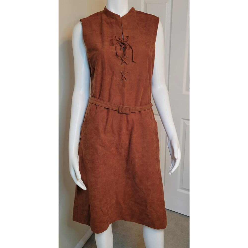 Henry Lee Vintage Faux Suede Burnt Orange Sleeveless Midi Dress Lace Up Size M